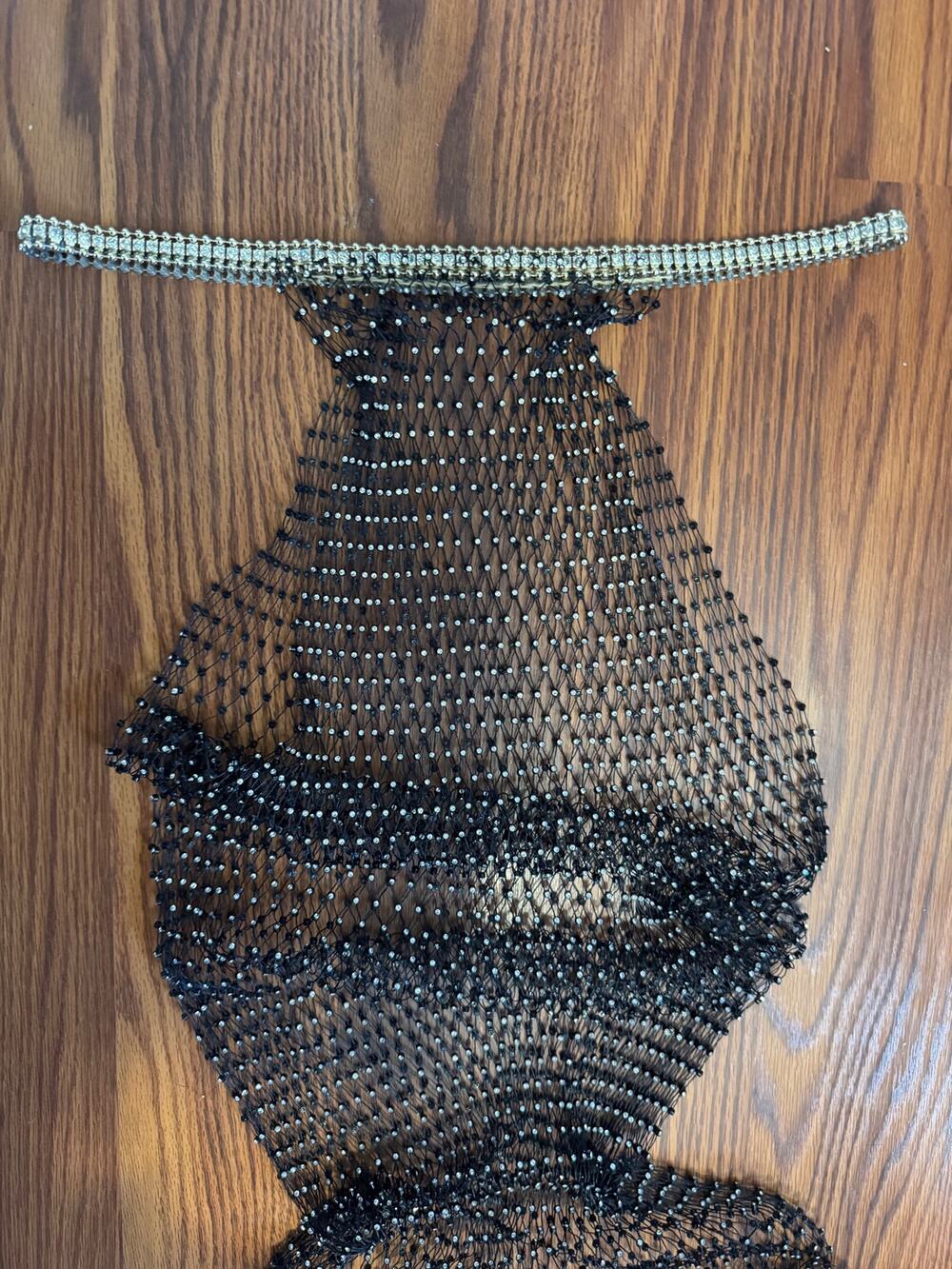 Black Rhinestone Fishnet Maxi Swim Cover Up Sheer Halter Festival Dress L / XL